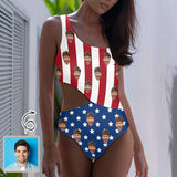 Custom Face American Flag Style Women's Off Shoulder Side Cutout One Piece Swimsuit Personalized Photo Bathing Suit