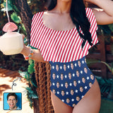 Custom Face American Flag Style Women's Ruffle One Piece Off Shoulder Swimsuit Flounce High Cut Bathing Suit Slimming