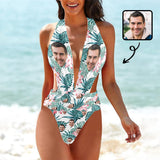 Custom Face Green Leaves Women's Deep V-Neck Low Back Crossover One Piece Swimsuit Custom Picture Bathing Suit