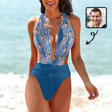Custom Face Leaves Blue Women's Deep V-Neck Low Back Crossover One Piece Swimsuit Custom Picture Bathing Suit