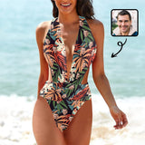 Custom Face Leaves Red&Green Women's Deep V-Neck Low Back Crossover One Piece Swimsuit Custom Picture Bathing Suit
