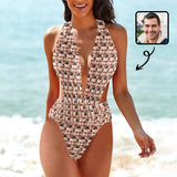Custom Face Seamless Women's Deep V-Neck Low Back Crossover One Piece Swimsuit Custom Picture Bathing Suit