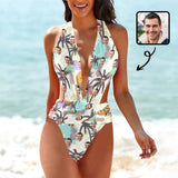 Custom Face Trees Women's Deep V-Neck Low Back Crossover One Piece Swimsuit Custom Picture Bathing Suit