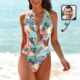 Custom Face Watercolor Women's Deep V-Neck Low Back Crossover One Piece Swimsuit Custom Picture Bathing Suit
