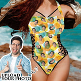 Custom Face Yellow Green Dot Women's Sexy One Pieces Swimsuit Lace Up Side Halter Back Tie Swimsuit Face Bathing Suit