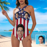 Custom Face American Flag Style Women's Tummy Control Front Cross Backless Swimsuit Bathing Suit Cross Collar One Piece Swimsuit