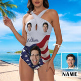 Custom Face&Name Flag Style Women's Tummy Control Front Cross Backless Swimsuit Bathing Suit Cross Collar One Piece Swimsuit