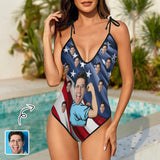 Custom Face USA Flag Strong Men Personalized Deep V-Neck Women's One-Piece Swimsuit Custom Picture Bathing Suit