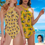 Custom Face Yellow Pineapple Women's Tummy Control Front Cross Backless Swimsuit Bathing Suit Cross Collar One Piece Swimsuit