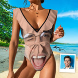 Custom Big Funny Face V Neck Ruffle One Piece Swimsuit Sexy Belt Custom Picture Bathing Suit Tie Back