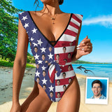 Custom Face American Flag Style V Neck Ruffle One Piece Swimsuit Sexy Belt Custom Picture Bathing Suit Tie Back
