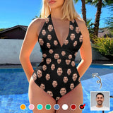 Custom Face Multiple Color Women's Halter Neck Tie One Piece Swimsuit Sexy Backless Wide Straps V Neck