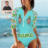 Custom Face&Name Pineapple Half Sleeve One Piece Swimsuit Personalized Face Pineapple Green Half Sleeve Bikini