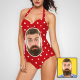 Custom Face White Dots Red Strap Personalized One-piece Retro Bikini Swimsuit Custom One Piece Bathing Suits