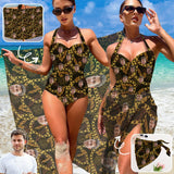 Custom Face Gold Chain Strap Personalized One-piece Retro Bikini Swimsuit & Beach Wrap Set Custom One Piece Bathing Suits