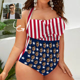 Custom Face American Flag Style Women's Ruched Push Up Halter Swimsuit Personalized One Piece Bathing Suits