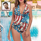 Custom Face Flag Star Women's Halter Neck Tie One Piece Swimsuit Sexy Backless Wide Straps V Neck