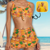 Custom Face Orange Flower and Leaves Bikini Set Personalized Drawstring Chest Strap Bikini Skirt