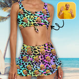 Custom Face Colorful Leopard Bikini Set Personalized Drawstring Chest Strap Bikini Skirt