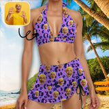Custom Face Purple Halter Neck Bikini Set Personalized Drawstring Bikini Skirt