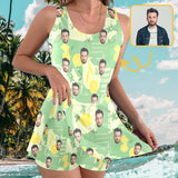 Custom Face Green Two-piece Swimming Dress, Custom Face Swimwear, Photo Beachwear for Her