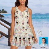 Custom Face Pink Floral Beige Swimdress For Women One Piece Swimsuit Custom Picture Bathing Suit