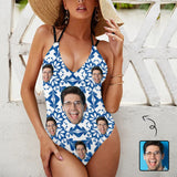 Custom Face Blue Pattern Swimsuit Personalized Women's V-neck One Piece Bathing Suit For Her