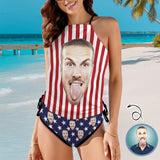 Custom Face American Flag Womens Sexy Halter Tummy Control Swimsuit Tankini Top Sets Fashion Two Piece Bathing Suit with Tie Side