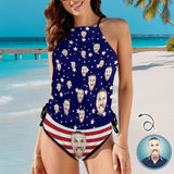 Custom Face USA Flag Style Womens Sexy Halter Tummy Control Swimsuit Tankini Top Sets Fashion Two Piece Bathing Suit with Tie Side