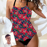 Custom Face Red Flower Tankini For Women 2 Pieces Swimsuit