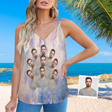 Custom Face Clouds Top Personalized V-Neck Knotted Sleeveless Tank Tops for Women