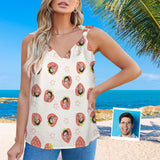 Custom Face Strawberry Top Personalized V-Neck Knotted Sleeveless Tank Tops for Women