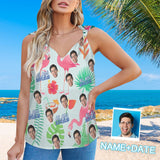 Custom Face&Text Flamingo Top Personalized V-Neck Knotted Sleeveless Tank Tops for Women