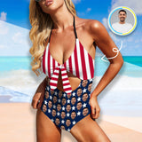 American Flag Monokini Custom Face Swimsuit American Flag Personalized Women's Backless Bow One Piece Bathing Suit