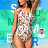 Custom Face Pineapple Summer Style Swimsuit Personalized Women's Shoulder Ruffle One Piece Bathing Suit Holiday Gift