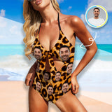 Custom Face Leopard Women's Backless Bow One Piece Swimsuit Bathing Suit