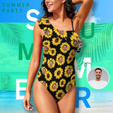 Custom Sunflower Face Summer Swimsuit Personalized Women's Shoulder Ruffle One Piece Bathing Suit Holiday Gift