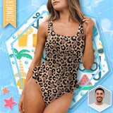 Custom Leopard Print Face Swimsuit Personalized Women's Shoulder Ruffle One Piece Bathing Suit For Holiday