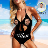Custom Face&Name Black Swimsuit Personalized Women's Backless Bow One Piece Bathing Suit Honeymoon Bridesmaid Party