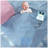 Personalized Newborn Gift Baby Blanket-Name and Date with Infant Heart Feet Design-Pink or Blue