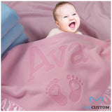 Personalized Newborn Gift Baby Blanket- Name with Infant Heart Feet Design - Pink or Blue