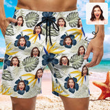 Custom Girlfriend Face Blue Flowers Men's Casual Quick-drying Beach Shorts with Green Leaves
