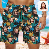 Custom Girlfriend Face Yellow Leaves Men's Casual Quick-drying Beach Shorts with White Flower