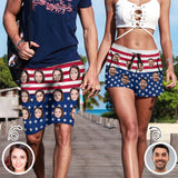 Custom Face American Flag Couple Matching Beach Shorts Personalized Men's Elastic Beach Shorts&Women's Mid-Length Board Shorts Swim Trunks
