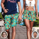 Custom Face Green Pineapple Couple Matching Beach Shorts Personalized Men's Elastic Beach Shorts&Women's Mid-Length Board Shorts Swim Trunks