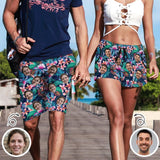 Custom Face Tropical Plants Couple Matching Beach Shorts Personalized Men's Elastic Beach Shorts&Women's Mid-Length Board Shorts Swim Trunks