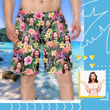 Custom Face Flamingo Flowers Personalized Photo Men's Elastic Beach Shorts
