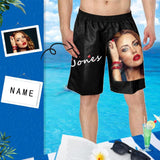 Custom Face&Name Black Personalized Photo Men's Elastic Beach Shorts
