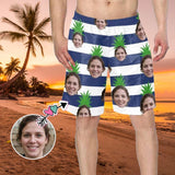 Custom Face Pineapple Blue Stripes Men's Beach Shorts