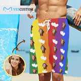 Custom Face Rainbow Heart Personalized Photo Men's Beach Shorts Drawstring Shorts
